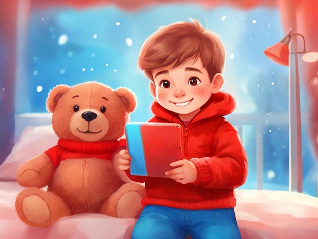 ilustracjaszczęśliwego chłopca w czerwonym swetrze, używająca tabletu w pobliżu pluszowego misia, przeciw zamazanemu