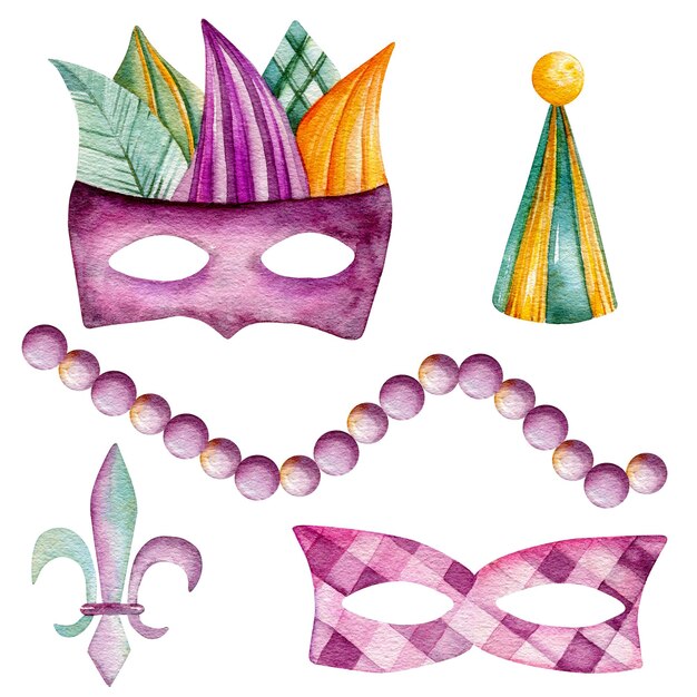 Ilustracje akwarelowe koraliki czapka imprezowa maska karnawałowa fleur de lis Masquerades Mardi Gras Clipart
