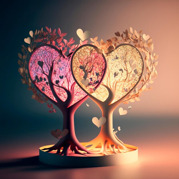 Ilustracje dwóch drzew ozdobionych sercami na Walentynki