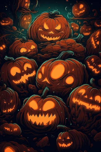 Ilustracje kreskówkowe przedstawiające przerażające dynie Halloween