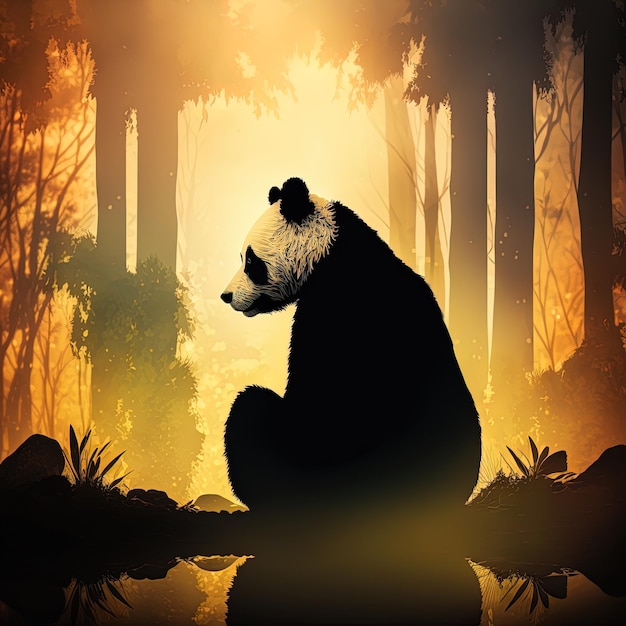 Ilustracje Panda siedzi na brzegu stawu w mglistym lesie