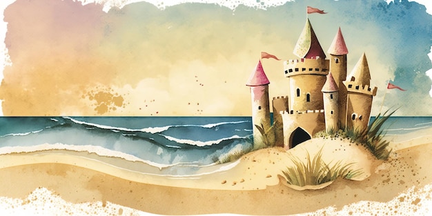 Ilustracje zamku z piasku z akwarelą