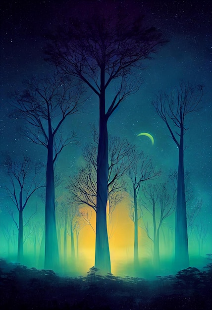 Ilustracyjna fantazja neonowego lasu Świecące kolorowe spojrzenie jak bajka