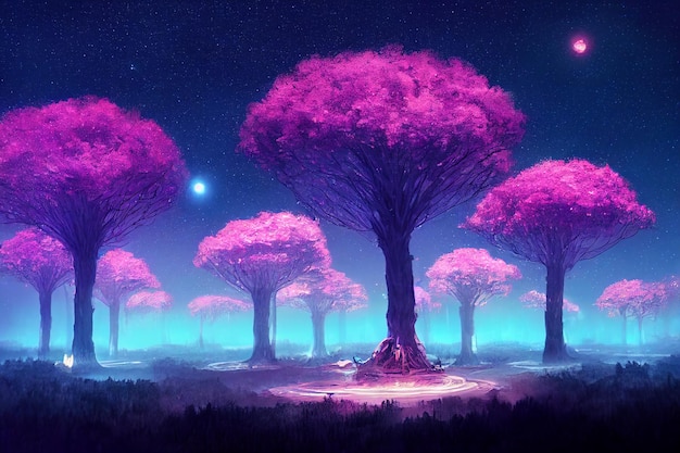Ilustracyjna fantazja neonowego lasu Świecące kolorowe spojrzenie jak bajka