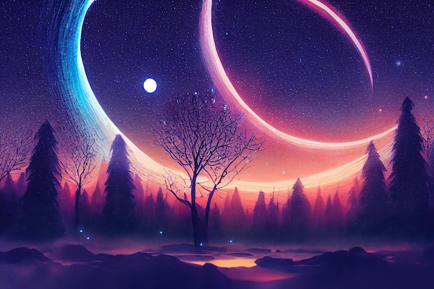 Ilustracyjna fantazja neonowego lasu Świecące kolorowe spojrzenie jak bajka
