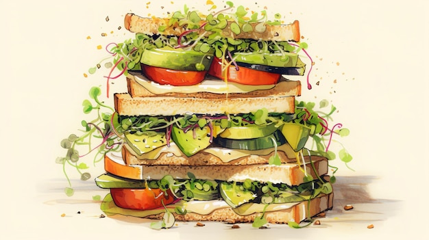 Ilustracyjne wegańskie kanapki z warzywami i mikrogreenami na jasnym tle zbliżenie