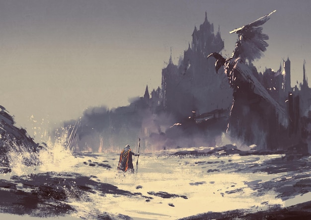 Zdjęcie ilustracyjny obraz przedstawiający króla idącego przez morską plażę obok baśniowego zamku w tle