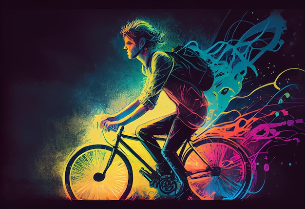 Ilustracyjny obraz przedstawiający młodego mężczyznę jadącego na rowerze z kolorowym, energetycznym stylem sztuki cyfrowej Wygeneruj Ai