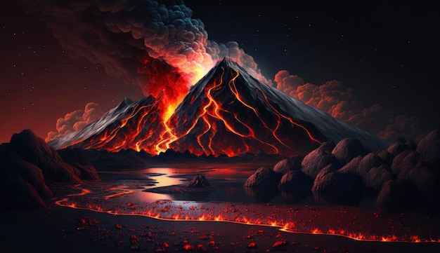 Ilustracyjny obraz przedstawiający Nocny krajobraz z wulkanem i płonącą lawą Wybuch wulkanu fantasy krajobraz Ilustracja 3D Generuj Ai
