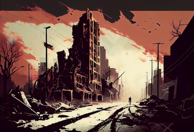 Ilustracyjny obraz zniszczonego opuszczonego miasta Zombie Apocalypse Generuj Ai