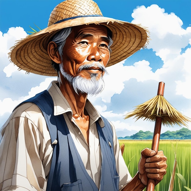 Ilustracyjny portret indonezyjskiego starego rolnika w słomkowym kapeluszu, trzymającego motykę skierowaną w bok
