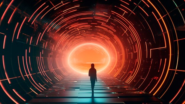 Zdjęcie ilustracyjny tunel futurystyczny z cyfrowym wirtualnym nagłówkiem strony internetowej bazy danych generative ai