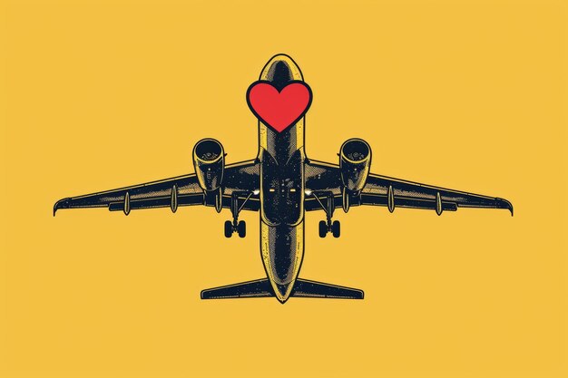 ilustracyjny zarys samolotu i serca na różowym tle w stylu estetyki migawki