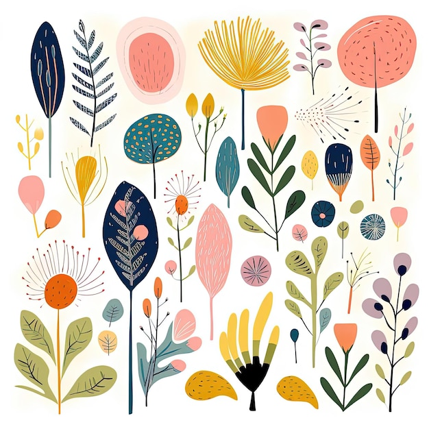 ilustracyjny zestaw różnych kolorów traw kwiatowych i wzorów roślinnych inspirowanych naturą