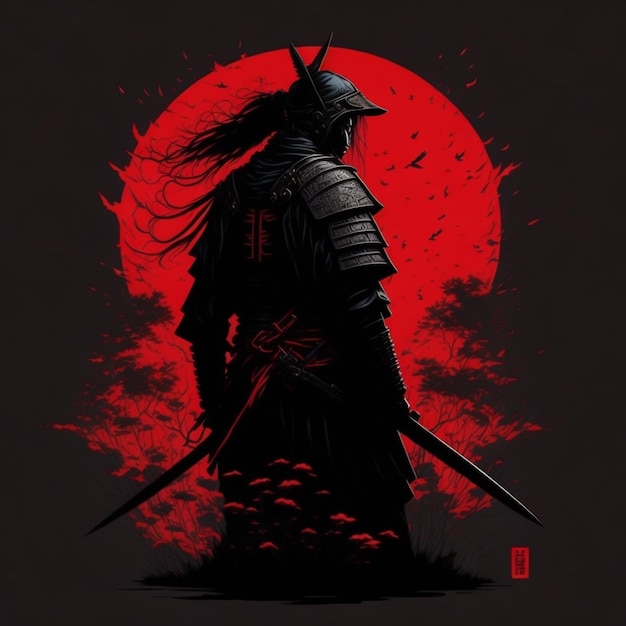 ilustrasi serigala vibe jepang samurai gelap siluet czerwony i czarny