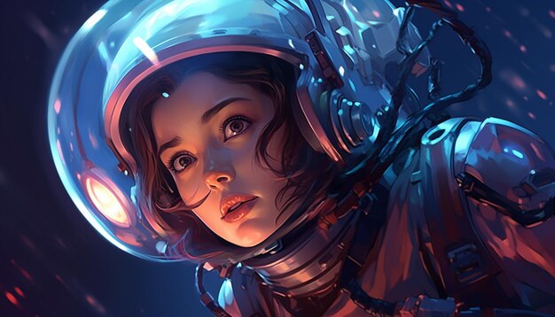 Ilustrować dziewczynę w futurystycznym stroju kosmicznym, być może z hełmem i jetpackem, badającą kosmos. Ten rysunek może łączyć elementy science fiction i adve 21