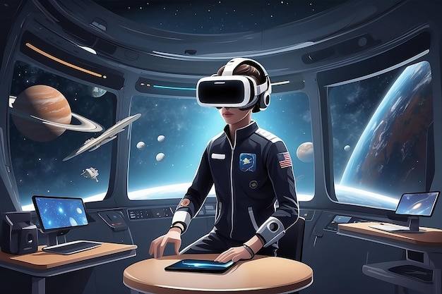 Ilustrować scenę z uczniami używającymi symulacji VR do badania skutków podróży kosmicznych na ludzkie ciało ilustracja wektorowa w stylu płaskim