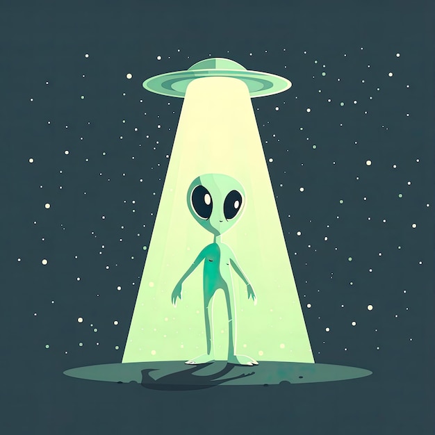 Zdjęcie ilustrowana scena spotkania z obcymi przedstawiająca samotnego pozaziemskiego pod wiązką ufo