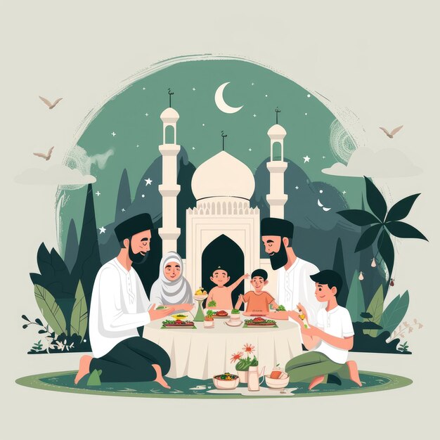 Ilustrowana sylwetka Bliss świętująca Eid z rodziną i meczetem