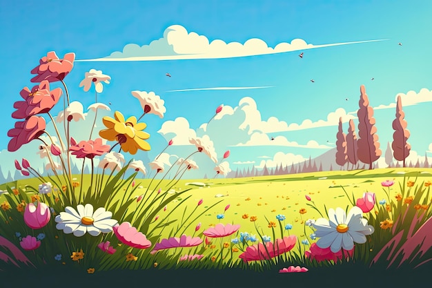 Ilustrowane przedstawienie łąki pełnej kwitnących kwiatów w okresie wiosennym Generative AI
