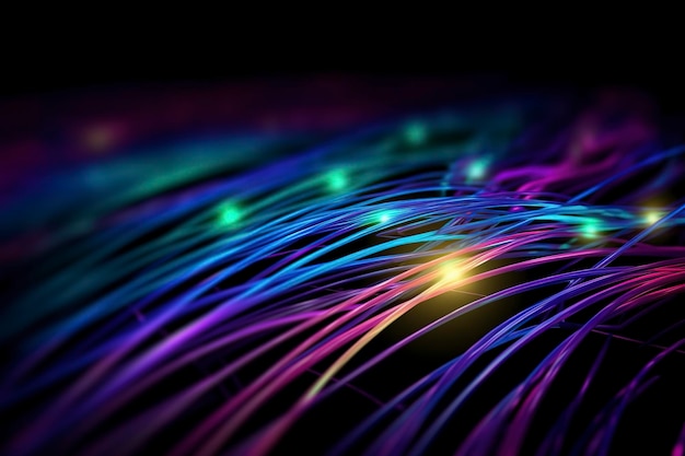 Ilustrowane tło kabli cyberoptycznych kolory neonowe czarne tło AI Generative
