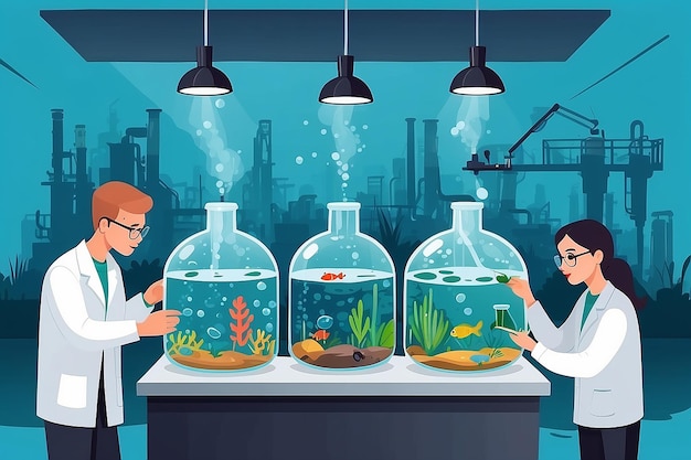 Ilustrowanie laboratorium biologicznego z uczniami prowadzącymi eksperymenty na temat wpływu zanieczyszczenia na ekosystemy wodne ilustracja wektorowa w stylu płaskim