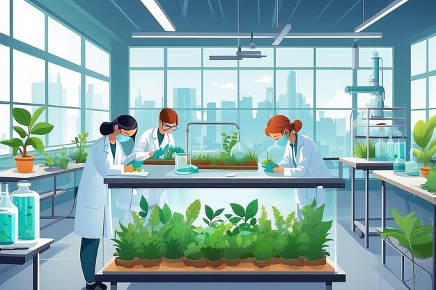 Ilustrowanie laboratorium biologicznego z uczniami prowadzącymi eksperymenty na temat wpływu zanieczyszczenia na życie roślin. Ilustracja wektorowa w stylu płaskim