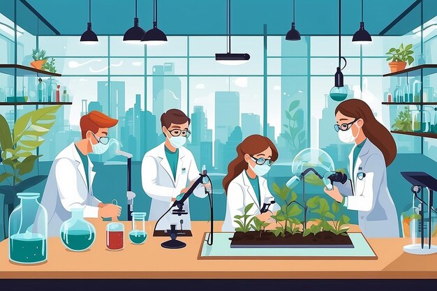 Ilustrowanie laboratorium biologicznego z uczniami prowadzącymi eksperymenty na temat wpływu zmian klimatycznych na różnorodność biologiczną ilustracją wektorową w stylu płaskim