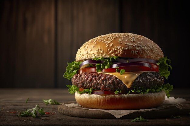 Ilustrowany Realistyczny Burger Wołowy Na Drewnianym Tle Generatywna AI