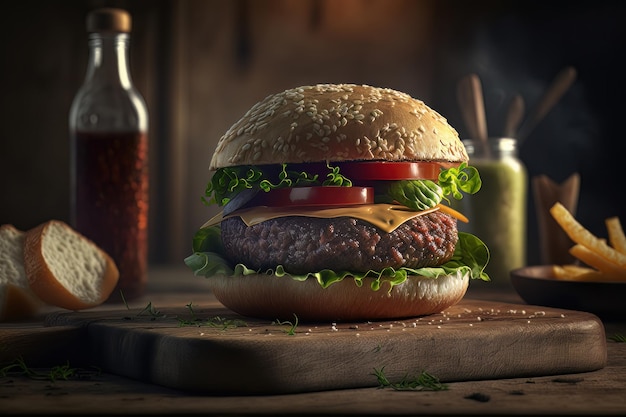 Ilustrowany Realistyczny Burger Wołowy Na Drewnianym Tle Generatywna AI