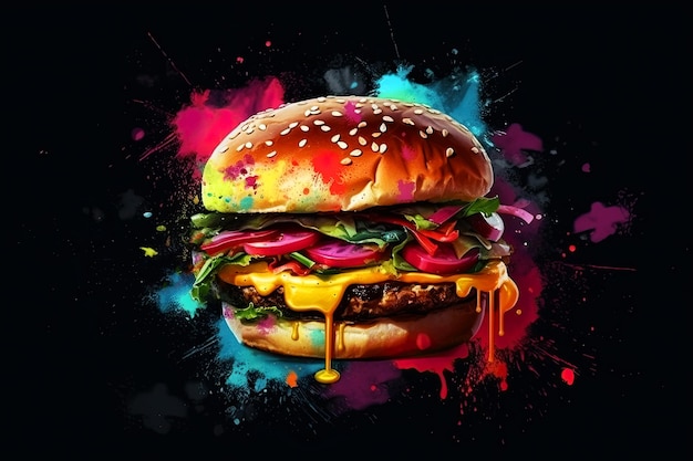 Ilustrowany soczysty burger na ciemnym tle z wielobarwnymi plamami Ilustracja przedstawiająca generatywną sztuczną inteligencję