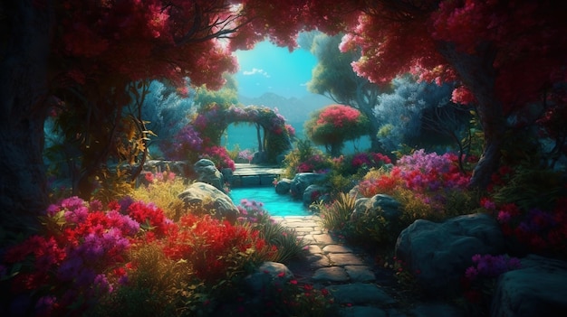 ilustrujący to obrazek przedstawiający ogród ze skałami i kwiatami