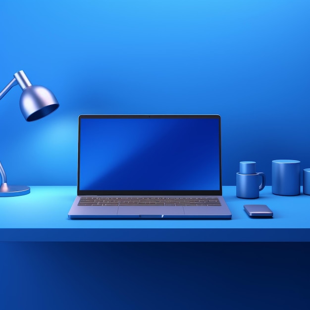 Zdjęcie immersive experience 8k niebieskie realistyczne tło z laptopem na biurku