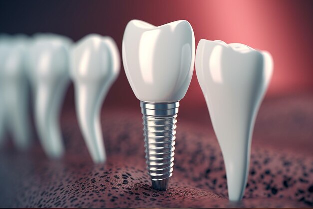 Zdjęcie implant zęba i korony dentystyczne na niebieskim tle ilustracji 3d