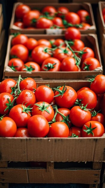 Importuj czerwone pomidory, zapakowane w starannie wyselekcjonowane pudełko Pionowa tapeta mobilna