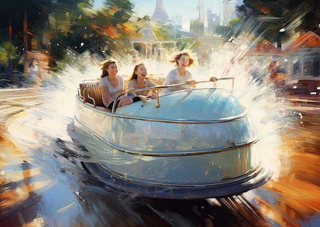 Impresjonistyczne zdjęcie przejażdżki wodnej uchwycające rozpryski wody i śmiech