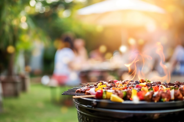 Zdjęcie impreza barbecue na podwórku z niewyraźnym tłem.