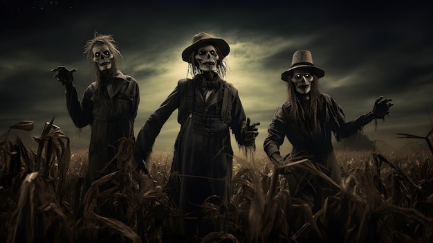 Impreza Halloween na nawiedzonym polu kukurydzy. Generatywna sztuczna inteligencja AI