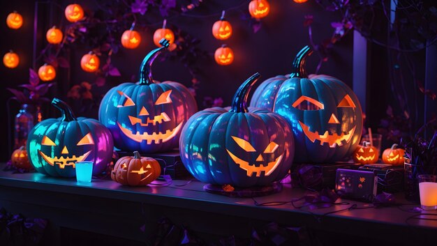 Impreza Halloween z dynią i neonem Obraz jest generowany przy użyciu sztucznej inteligencji