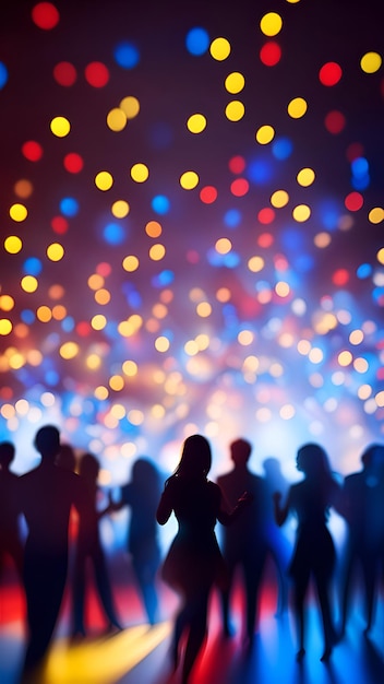 Zdjęcie impreza noworoczna z sylwetką ludzi i kolorowymi światłami bokeh
