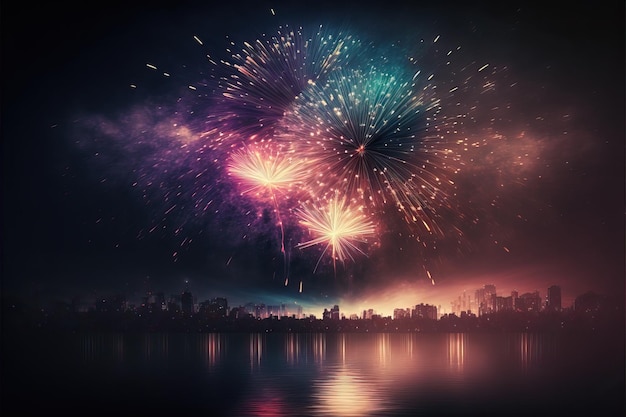 Impreza sylwestrowa z fajerwerkami eksplodującymi nad panoramą miasta z odbiciami w wodzie i festiwalem czwartego lipca