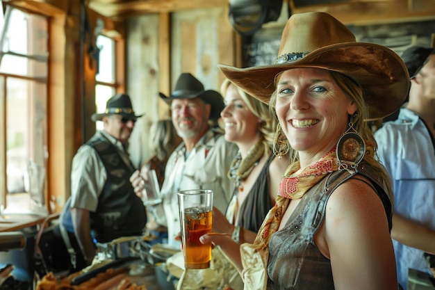 Impreza w kostiumach Dzikiego Zachodu Saloon Cowboy kapelusze bandany i suknie saloon przyjaciele grają w pokera linia da