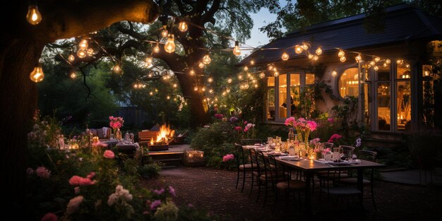 Impreza w ogrodzie z bajkowymi światłami