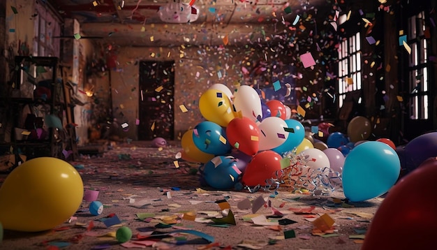 Impreza z balonami i konfetti na podłodze