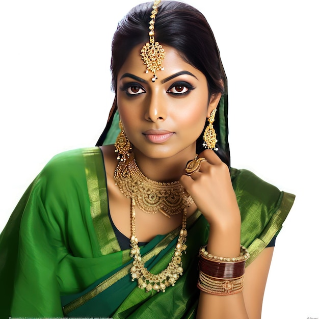 indian kobieta zielonym sari siedzi big eyes ścieśniać biżuteria białym tle