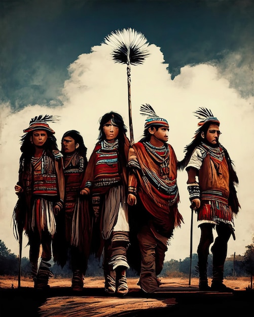 Indianie, hiszpańskie plemię z kolorowym piórkowym nakryciem głowy, dziedzictwo hiszpańskie