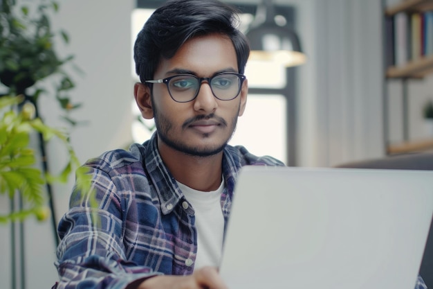 Indianin pracujący na laptopie w nowoczesnym biurze.