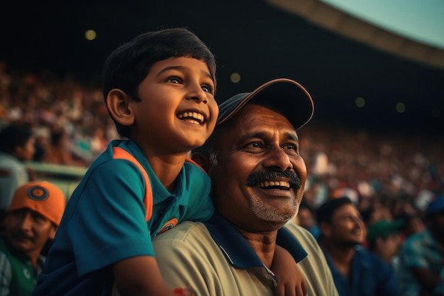 Indianin z synem na meczu na stadionie