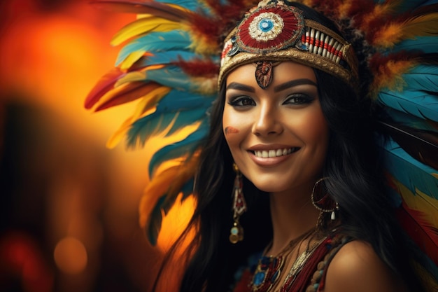 Indianka uśmiecha się, ubrana w indyjski nakrycie głowy z piórami