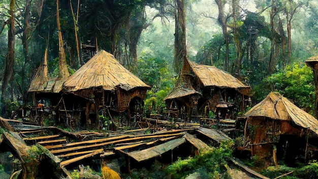 Indiańska wioska Aborygenów w tropikalnej dżungli bambusowe domy ilustracja 3d
